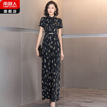 南极人轻奢高档品牌连体裤女2021夏新款时尚显瘦雪纺连衣阔腿裤高腰垂感气质套装裤 黑色印花 S