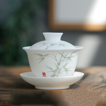 福雁坊 羊脂玉白瓷盖碗陶瓷泡茶器主人杯茶盏家用办公敬茶碗耐热防烫功夫茶具单个三才茶碗茶杯 羊脂玉瓷三才盖碗[品竹]180ml