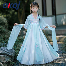 OKOJ 女童汉服中国风夏季2021新款儿童古装超仙薄款短袖大童唐装襦裙女裙子 女童汉服（L21白绿抹胸） 110CM