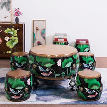 舒弗（LACHOUFFE）中式茶几圆形仿古实木彩绘牛皮鼓凳茶桌组合客厅多功能创意家具 A12(荷花图案) 组装