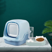【带猫砂铲】小囧 猫砂盆全封闭特大号猫厕所防外溅除臭沙盘屎盆防臭猫咪用品 蓝色猫砂盆+猫脸续水碗