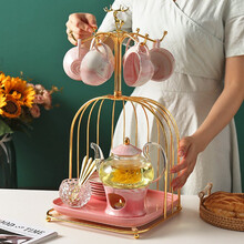 欧式花茶茶具套装泡花茶壶套装玻璃过滤英式下午茶茶具英国家用客厅陶瓷煮水果茶壶花果茶杯可蜡烛加热带托盘 粉色-6杯碟+炉座+玻璃花茶壶+玻璃匙筒+匙+鸟笼