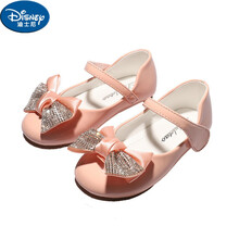 迪士尼女童平底单鞋软底2021新款蝴蝶结漆皮儿童公主小皮鞋女孩学生童鞋 粉色 35