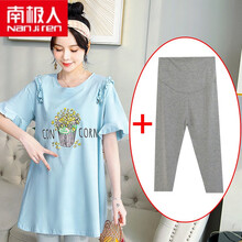 南极人高档轻奢优雅气质孕妇女装新品孕妇装夏套装夏天t恤网红高级感孕妇夏装上衣短袖夏季两件套潮妈 浅蓝+浅灰7分裤 XL