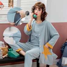 十月结晶 商场同款三件套月子服纯棉春秋夏季产后孕妇睡衣夏款产妇喂奶哺乳套装外出 3件套1682蓝色 棉 3XL 建议160-175斤