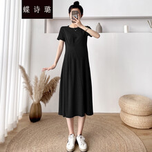 蝶诗璐 孕妇装夏装短袖上衣中长款夏季潮时尚过膝显瘦孕妇连衣裙夏天裙子孕妈装 黑色 M