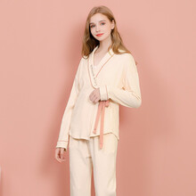 月子服春秋纯棉孕妇睡衣夏哺乳喂奶和服睡衣宽松产后哺乳衣 米色 M码