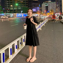 敏潮格伦~孕妇装夏装时尚怀孕期棉夏天裙子中长款孕妇连衣裙潮 黑色裙 L