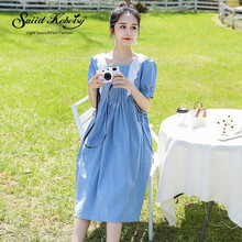 SK品牌孕妇短袖连衣裙2021年夏季新款潮妈宽松中长款蕾丝边拼接时尚休闲孕妇装 蓝色 L
