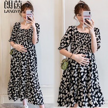 朗茵 孕妇装新款夏装孕妇裙2021大码网红套装时尚款雪纺连衣裙洋气夏天碎花长孕妇裙子夏季外出孕妈装 黑色长款 XL