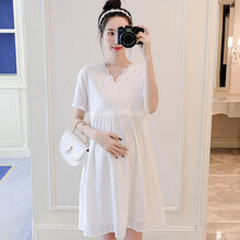 孕妇装夏装哺乳衣外出新款夏季孕妇裙中长款时尚喂奶孕妈装夏天宽松透气孕妇连衣裙子 白色可哺乳 L