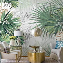 米聆3D东南亚植物壁纸北欧手绘热带雨林火烈鸟墙纸客厅电视背景墙布壁画 5D凹凸壁画