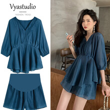 欣柏纶 孕妇装套装夏季夏款孕妇套装孕妇两件套外出外穿宽松大码孕妈装 墨绿色 XXL