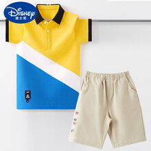 迪士尼严选品质 男童套装夏装2021新款洋气儿童短袖夏季五分裤两件套男孩中大童潮 黄色+卡其色 160码