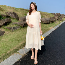 敏潮格伦孕妇长裙2021新款蕾丝雪纺宽松高级感孕妇装夏装连衣裙不显怀遮肚 白色 M