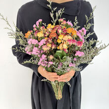 多头玫瑰干花花束北欧ins风小清新家居摆设插花蔷薇真花文艺装饰 混色玫瑰＋粉勿情人草 干树枝