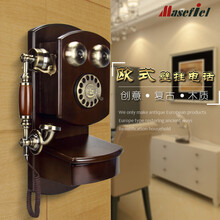 欧式仿古木质壁挂式电话老式转盘旋转拨号复古无线插卡固定电话机 移动插卡旋转拨号插手机卡版 豪华布线版本