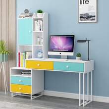 连体书桌柜 学生书桌书架组合一体写字桌角落电脑桌家用写字台书柜连体桌 1.2暖白色加彩门【支架颜色备注，书架左右可选联系 是