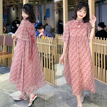 敏潮格伦孕妇夏装雪纺连衣裙时尚宽松中国风汉服过膝长裙复古旗袍孕妇裙子 花色 M