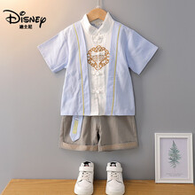 迪士尼（Disney）传统汉服儿童汉服男童夏季薄款宝宝夏装古装棉麻套装民族风小童中国风唐装 蓝色2168 110