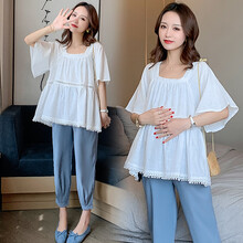 小兀 孕妇装套装夏季夏款孕妇套装孕妇两件套外出外穿宽松大码孕妈装 蓝色裤子 M