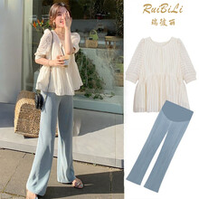 幸孕佳儿 孕妇套装2021夏季新款韩版时尚清新减龄超仙拼接衬衫上衣+网红褶皱裤潮妈外出宽松孕妇两件套 白色上衣+蓝裤套装 M