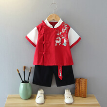 黑法儿【新品】传统装3-12岁小孩穿的汉服男童夏季中国风短袖唐装帅气小男孩古装超仙儿童棉麻套装薄款 红色 130