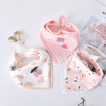 婴儿三角巾新生儿棉双按扣围巾头巾男童女孩围嘴围兜宝宝口水巾 3条装三角巾花边女神系