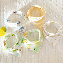 女宝宝三角口水巾纯棉婴幼儿童围嘴兜蕾丝花边双层按扣围巾韩版 5条装三角巾 蓝猫青柠系