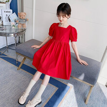 女童连衣裙夏装2021新品夏天季韩版中大儿童洋气公主裙小女孩子淑女长裙子小学生棉布裙3-14岁衣服潮 红色 160 码建议身高145-155cm