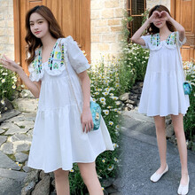 莎纤韵 孕妇装夏装大码潮妈甜美减龄刺绣翻领娃娃裙中长款A字宽松连衣裙夏季 图片色 M