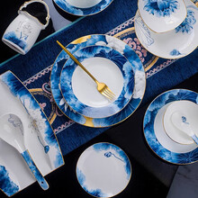 中式碗具套装轻奢乔迁 现代简约 网餐具碗盘现代组合轻金边荷花景德镇碗具 餐具镶金边碗碟套装家用 60件荷润涟涟新中式餐具(皮锦盒包装) 60件