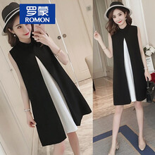 罗蒙官方店孕妇职业装连衣裙女装夏装潮妈蝴蝶结字无袖背心裙上衣工作服 图片色 XL