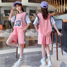 萌咔哆童装女童套装夏装2021新款夏天运动装休闲时尚T恤短裤两件套时髦潮款3-15岁 粉红色 150码建议身高1米4左右