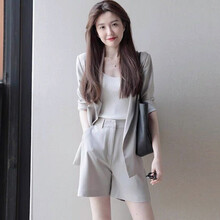 伶婉2021秋季新款韩版女装小西装套装女时尚气质职业收腰小西服五分裤两件套 七分袖西装+短裤 M（95斤-105斤）