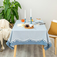 锦色华年  北欧小清新学生书桌布长方形餐桌布 茶几布艺台布电视柜盖布 格调条纹波浪边桌布 蓝色 100*160cm