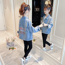 八颗糖 童装女童外套秋装2021新款儿童女孩牛仔外套中大童时尚学生卡通短款上衣潮 浅蓝色 140(建议身高130cm)