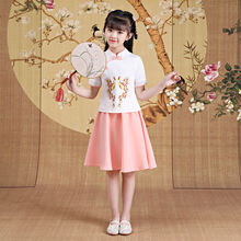 唯坤儿童古风明制汉服女童夏装中国风两件套仙女超仙上下套装短袖夏季 白色上衣+粉色裙子 150