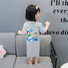 迪士尼高端轻奢女童连体睡衣睡裙婴儿纯棉短袖夏季女孩衣服女宝宝薄款家居空调服旗舰官方专卖 灰色 早安短袖（薄款） 100码（建议3-4.5周岁）