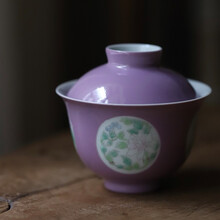 手绘景德镇赋山堂黛紫四季团花盖碗家用单个陶瓷泡茶碗 黛紫四季团花盖碗