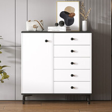 宜造五斗柜简约现代卧室柜子靠墙储物柜客厅杂物靠墙收纳柜抽屉式边柜 【单门五抽】黑色+暖白色 80*34*89cm 组装
