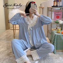 SK品牌孕妇月子服2021年夏季新款纯棉产后孕妇睡衣薄款产妇哺乳家居服 蓝色 M