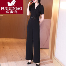 富贵鸟 连体裤套装女2021年夏季高腰显瘦时尚气质雪纺连衣阔腿裤垂感拖地 黑色 L