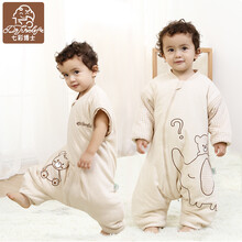 七彩博士 婴儿分腿睡袋儿童防踢被宝宝秋冬季加厚睡袋保暖小孩纯棉可脱袖被子婴儿用品 大象阳光咖加厚 L