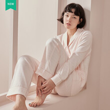 咕羊羊月子服纯棉春秋哺乳睡衣孕妇睡衣 粉色条纹网格 M码