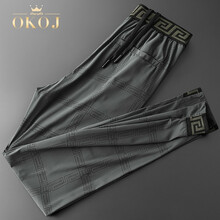 OKOJ品牌男士休闲运动裤夏季薄款丝滑织带休闲裤男轻薄修身潮流长裤束脚九分运动裤男 灰色 31