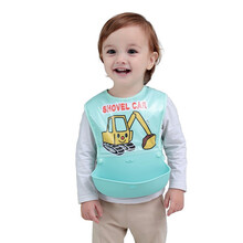 嘀哩哒啦 宝宝软硅胶吃饭围嘴 婴儿防水立体饭兜 可调节背带式宝宝吃饭围兜免洗 蓝色挖掘机