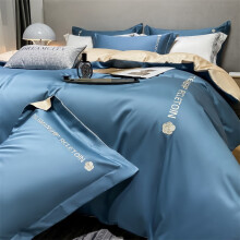 南极人（Nanjiren）床上四件套纯色水洗棉刺绣裸睡床单被套床品套件双人家用宿舍 华芙-宾利蓝 1.5m床笠款四件套-被套2.0x2.3