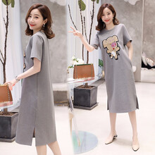 孕妇装夏装潮妈套装2019款外出中长款时尚宽松孕妇连衣裙夏季纯棉上衣 灰色 3XL
