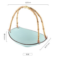 创意日式陶瓷盘子特色餐厅寿司店酒店餐具摆盘竹提手吊盘水果篮子 螺纹吊盘(松绿)